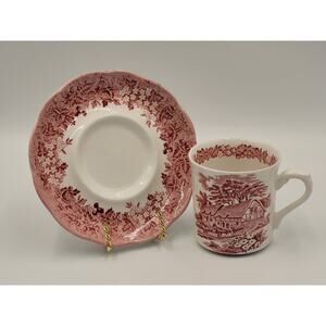 JG Meakin Teacup Saucer Romantic England Anne Hathaway Ironstone China Red Vtg